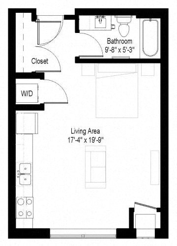 A floor plan of a small apartment with a living area and bathroom.